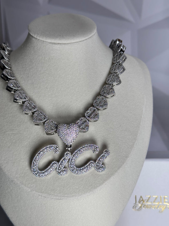 Cursive 2.0 Baguette Hearts Custom Pendant & Necklace