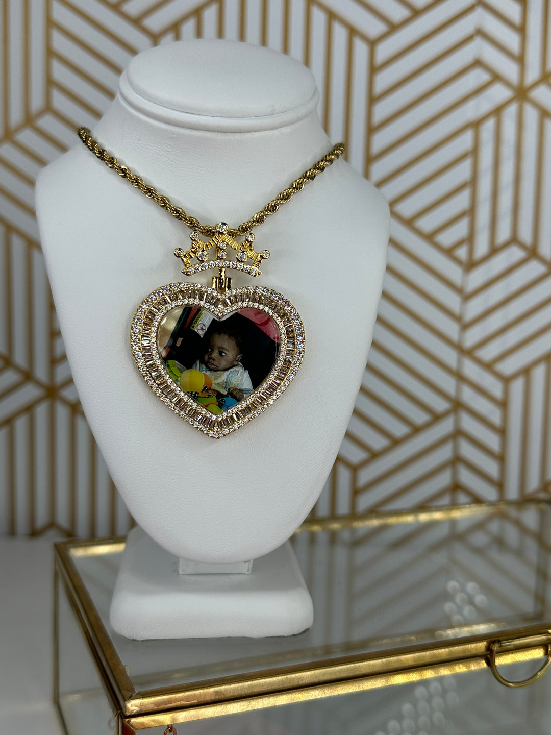 Crown Heart Baguette Photo Necklace